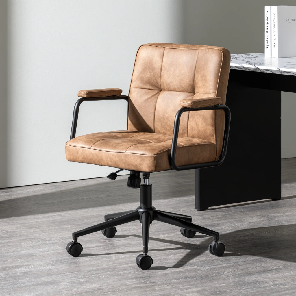 Krzesło biurowe obrotowe w kolorze koniakowym, styl mid-century modern, wykonane z imitacji skóry, marka inletinterior.